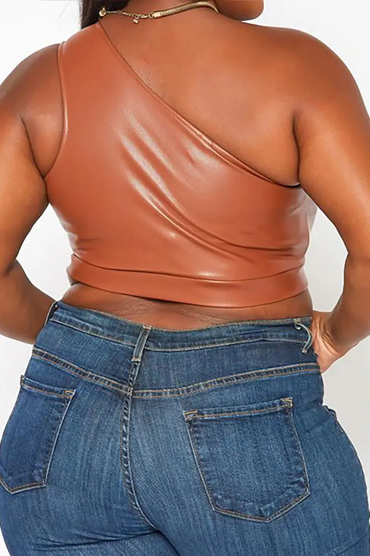 Plus Size Faux Leather One Sleeve Crop Top