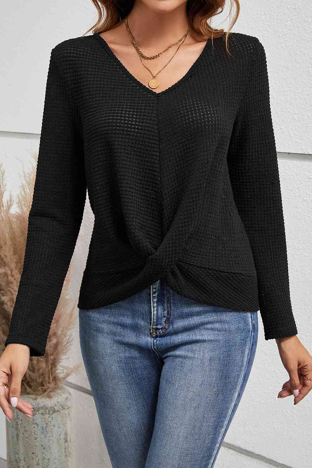 Lace Detail V-Neck Twisted Blouse