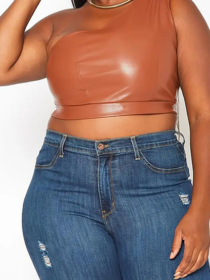 Plus Size Faux Leather One Sleeve Crop Top