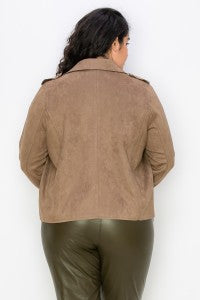 Faux Suede Notch Zip Pocketed Moto Jacket - Coffee