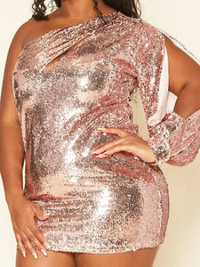 Plus Size Rose Gold Sequin One Sleeve Mini Dress