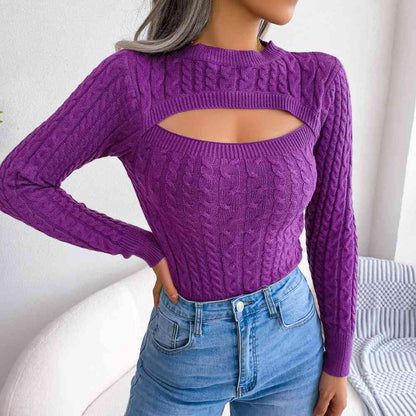 Cutout Cable-Knit Round Neck Sweater